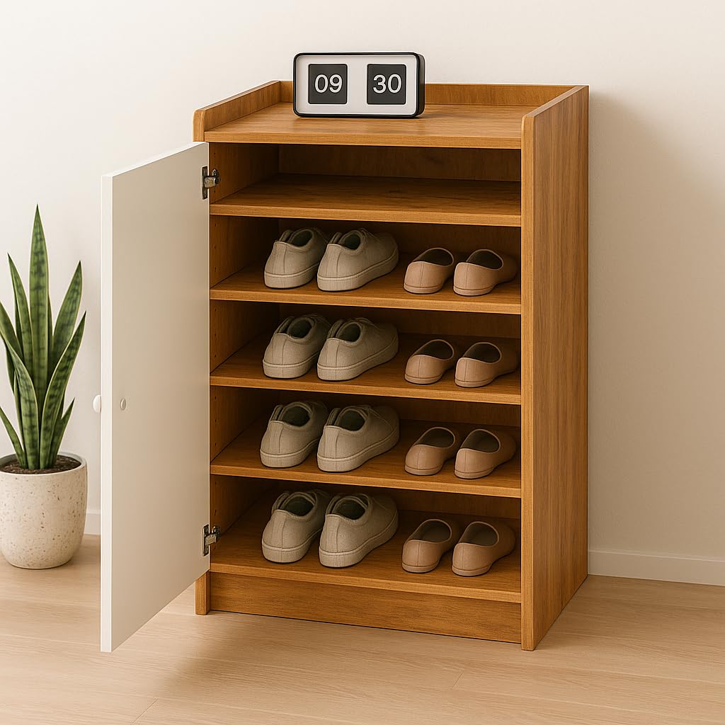 Callas Shoe Rack Storage Bench, Holds 10 Pairs, 5-Tier Rack with Cushion Seat and Closed Cabinet (Brown, SR-15)