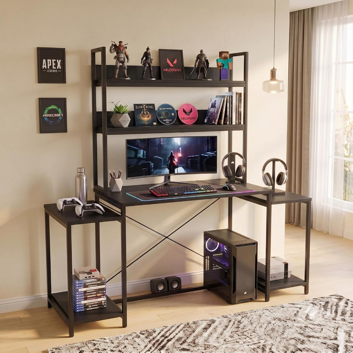 Callas DeskStation ST-26 Engineered Wood Study Table with Storage Hutch and Side Shelves for Home Office, Gaming Table,136L x 54W x 149H cm| Free Installation with 1 Year Warranty - Black