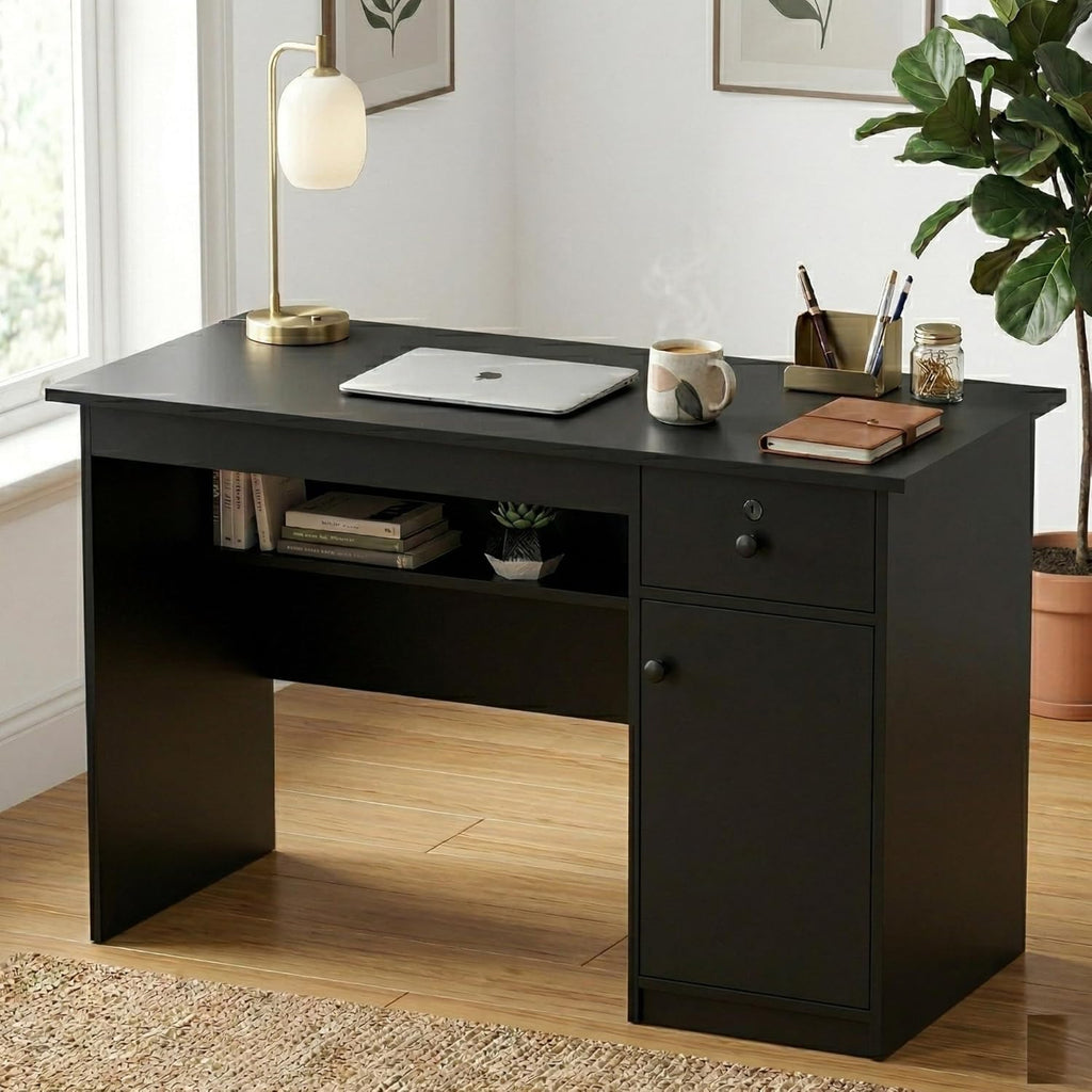 Callas DeskVault ST-18 Engineered Wood Study Table with Lockable Drawer, Storage Cabinet and Open Shelf for Home Office, Bedroom and Living Room, 120L x 59W x 75H cm - Black