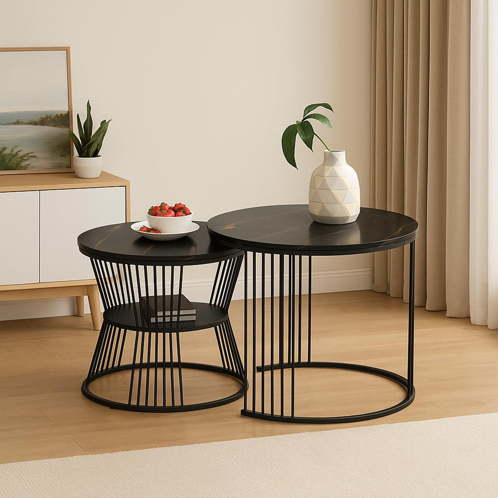 Callas Modern Nesting Coffee Table Set of 2 with Marble Finish Engineered Wood Top and Gold Metal Frame | Round Living Room Center Table for Sofa Side Home Decor | Pre-Assembled (Black, CT-03)