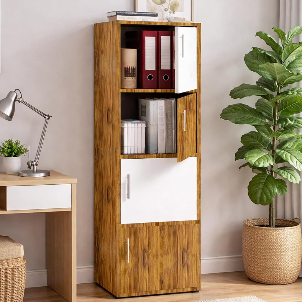 Callas Wooden Book Rack | Multi-Compartment Storage Cabinet | Space-Saving Vertical Bookshelf with Doors | Durable & Sturdy Organizer for Home & Office (BR-24-Walnut)