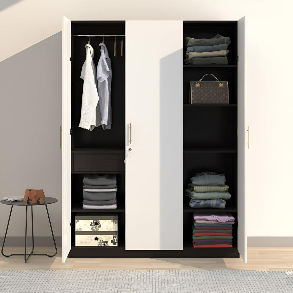 Callas 3 Door Wooden Wardrobe for Bedroom | Engineered Wood Almirah with Hanging Rod, Lockable Door & Drawer, |1 Year Warranty with Free Installation (Wardrobe-3 Door, Black)