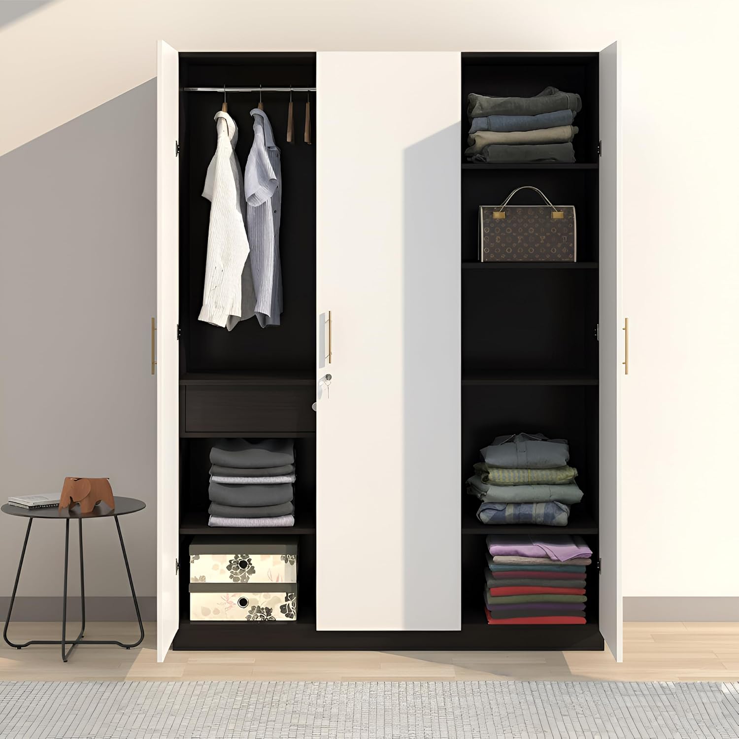 Callas 3 Door Wooden Wardrobe for Bedroom | Engineered Wood Almirah with Hanging Rod, Lockable Door & Drawer, |1 Year Warranty with Free Installation (Wardrobe-3 Door, Black)