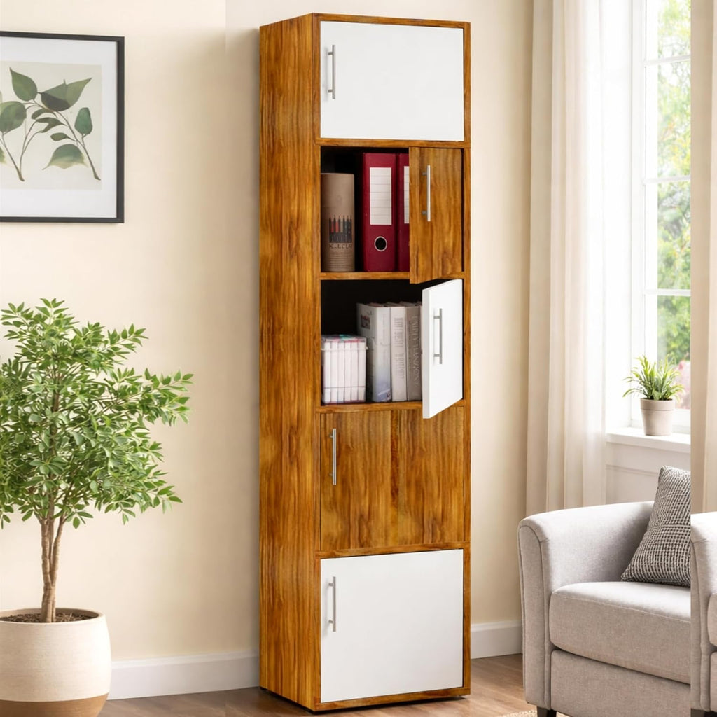 Callas Wooden Book Rack | Multi-Compartment Storage Cabinet | Space-Saving Vertical Bookshelf with Doors | Durable & Sturdy Organizer for Home & Office (BR-25-Walnut)