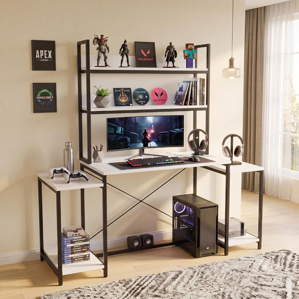 Callas DeskStation ST-26 Engineered Wood Study Table with Storage Hutch and Side Shelves for Home Office, Gaming Table,136L x 54W x 149H cm| Free Installation with 1 Year Warranty - White