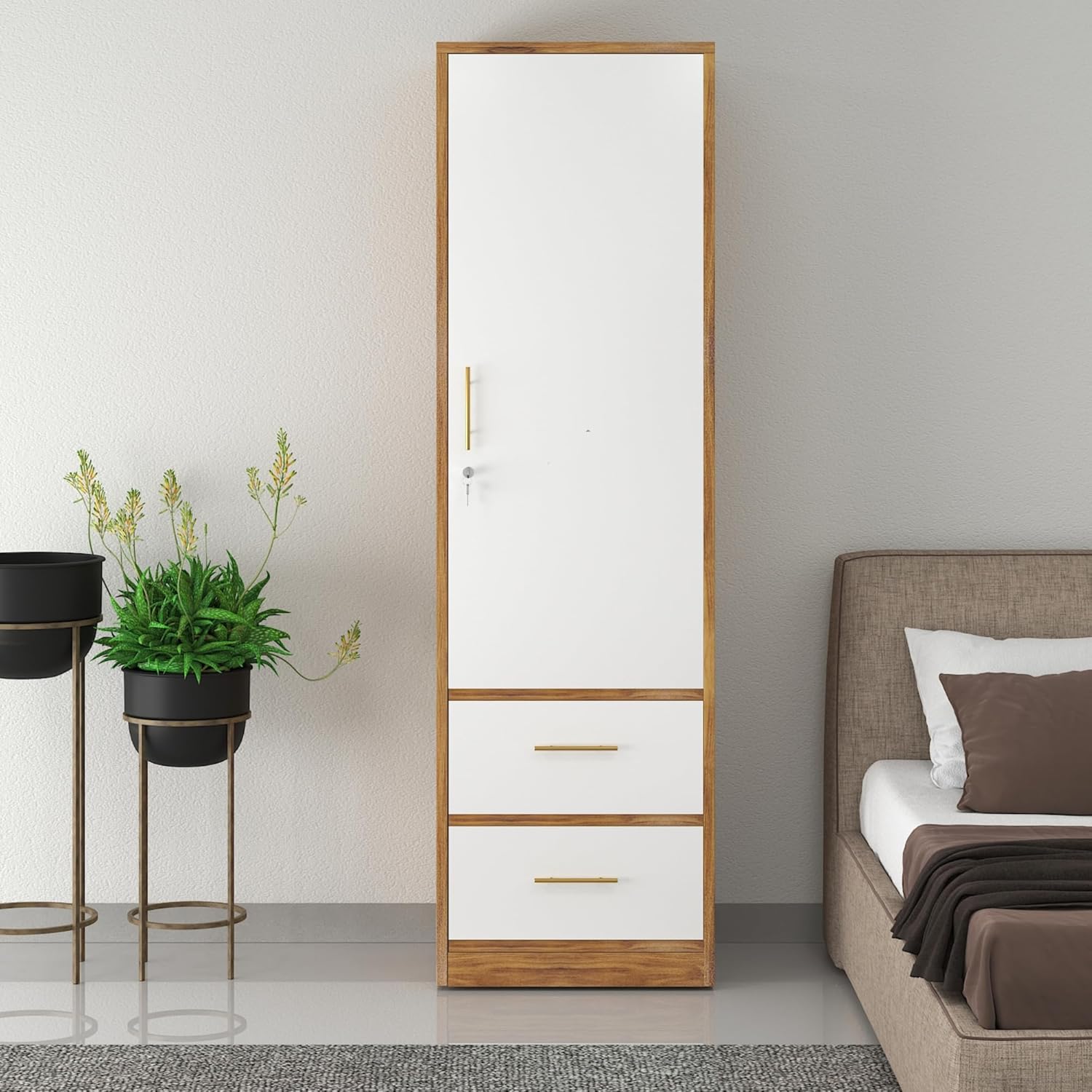 Callas Single Door Wardrobe with Hanging Space & Dual Drawers | Compact Storage Cabinet with Organized Interior | Modern Wooden Almirah for Bedroom & Home (White-Walnut, Estoria-1)