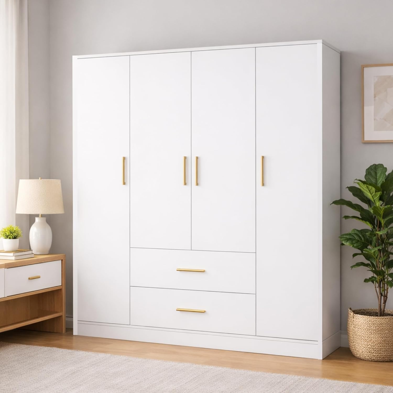 Callas Estoria 4 Door Wooden Wardrobe with 2 Large Drawers | Spacious Hanging Section | Multi-Utility Side Shelves | Engineered Wood Almirah for Bedroom | Free Installation with 1 Year Warranty (White-Estoria-4)