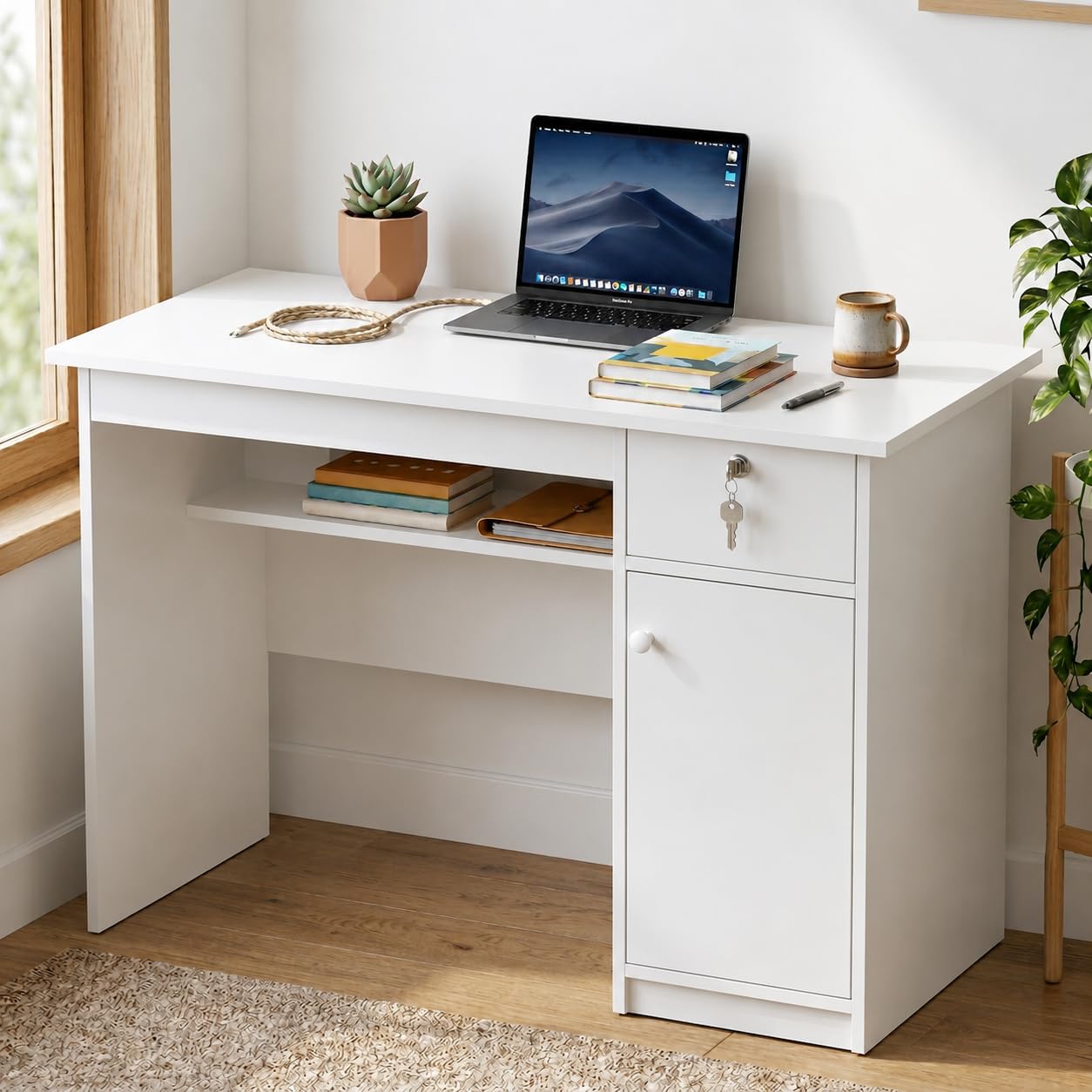 Callas DeskVault ST-18 Engineered Wood Study Table with Lockable Drawer, Storage Cabinet and Open Shelf for Home Office, Bedroom and Living Room, 120L x 59W x 75H cm - White