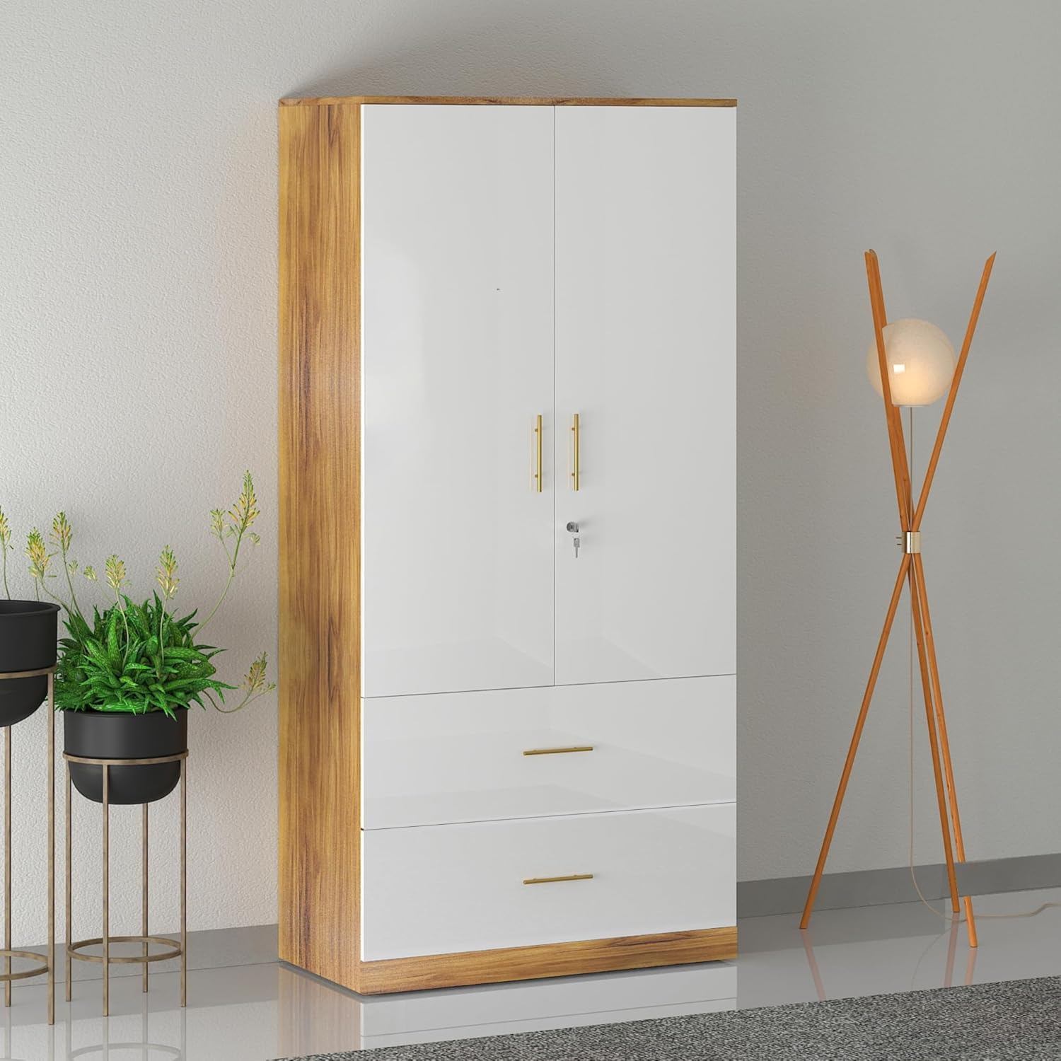 Callas Estoria 2 Door Wooden Wardrobe with 2 Large Drawers | Spacious Hanging Section | Multi-Utility Side Shelves | Engineered Wood Almirah for Bedroom |Free Installation with 1 Year Warranty (White-Walnut, Estoria-2)