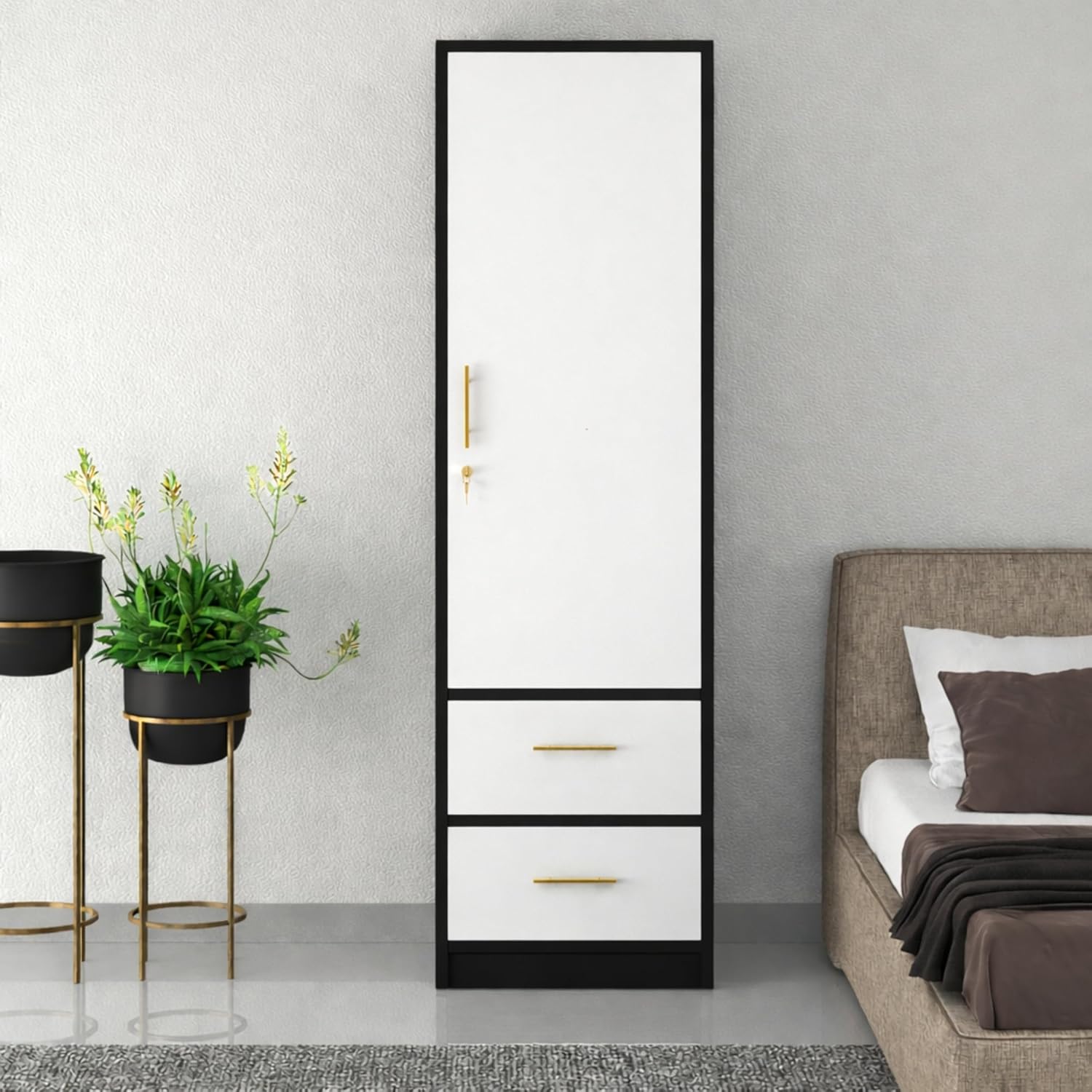 Callas Single Door Wardrobe with Hanging Space & Dual Drawers | Compact Storage Cabinet with Organized Interior | Modern Wooden Almirah for Bedroom & Home (White-Black, Estoria-1)