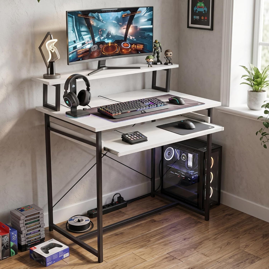 Callas ST-25 DeskMate Pro Engineered Wood Study Desk | 90×54×94.5 cm | Sliding Keyboard Tray, Monitor Riser Shelf | Metal Frame | Home Office, Gaming & Kids Room (White, ST-25) - 1 Year Warranty