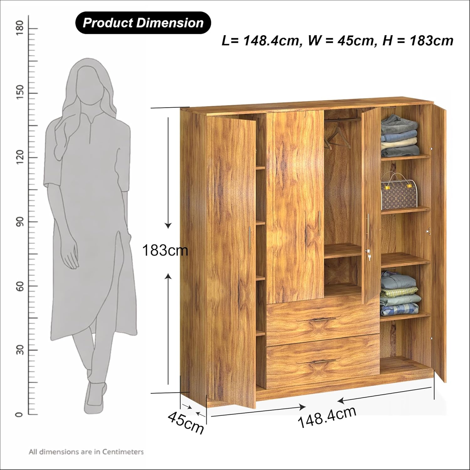 Callas Estoria 4 Door Wooden Wardrobe with 2 Large Drawers | Spacious Hanging Section | Multi-Utility Side Shelves | Engineered Wood Almirah for Bedroom | Free Installation with 1 Year Warranty (Walnut-Estoria-4)