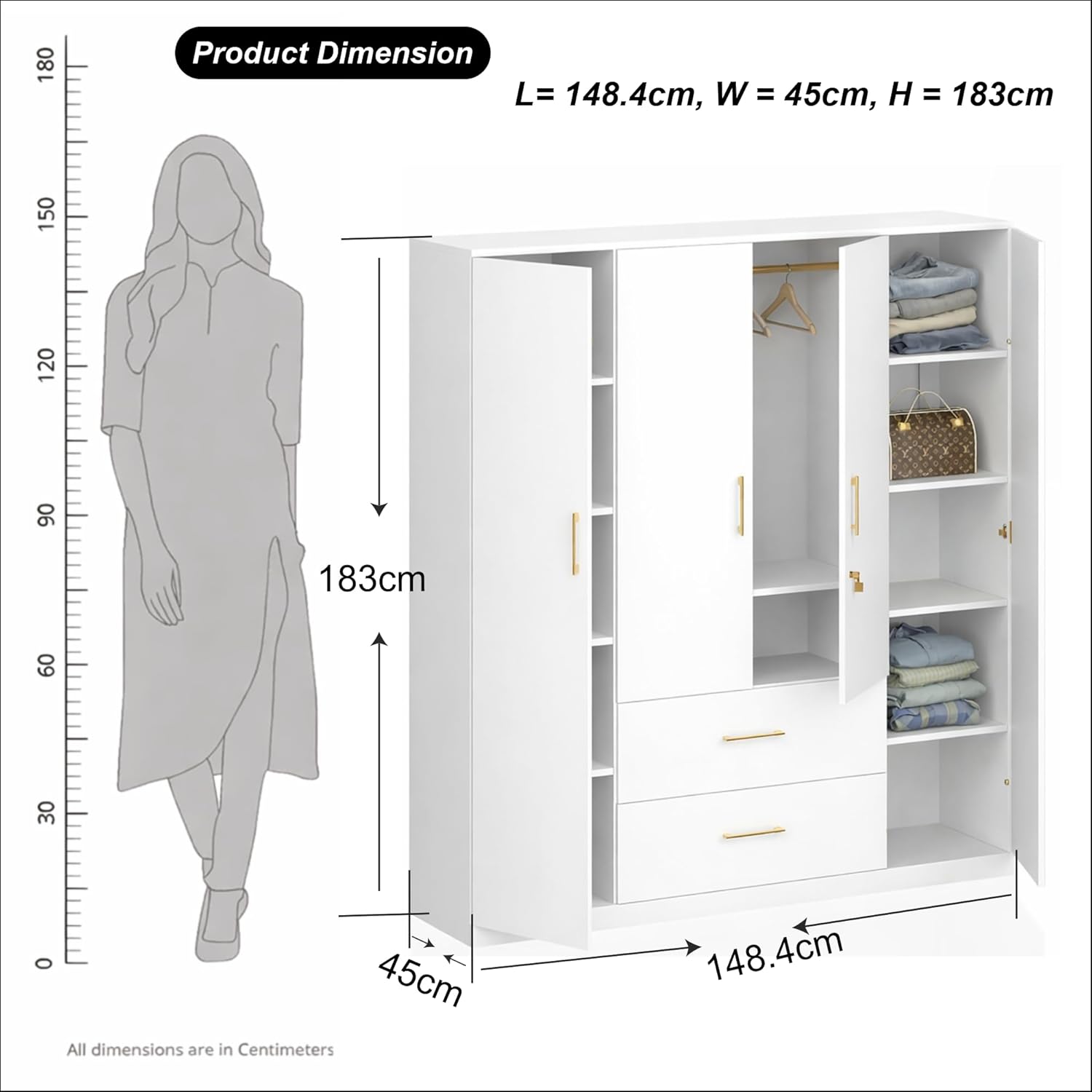 Callas Estoria 4 Door Wooden Wardrobe with 2 Large Drawers | Spacious Hanging Section | Multi-Utility Side Shelves | Engineered Wood Almirah for Bedroom | Free Installation with 1 Year Warranty (White-Estoria-4)