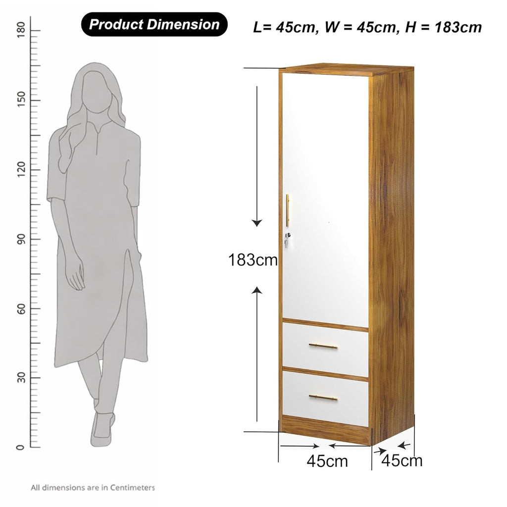 Callas Single Door Wardrobe with Hanging Space & Dual Drawers | Compact Storage Cabinet with Organized Interior | Modern Wooden Almirah for Bedroom & Home (White-Walnut, Estoria-1)