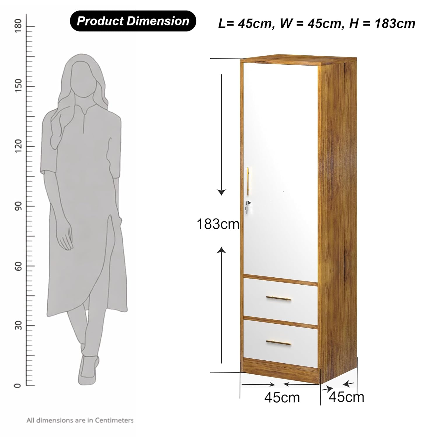 Callas Single Door Wardrobe with Hanging Space & Dual Drawers | Compact Storage Cabinet with Organized Interior | Modern Wooden Almirah for Bedroom & Home (White-Walnut, Estoria-1)
