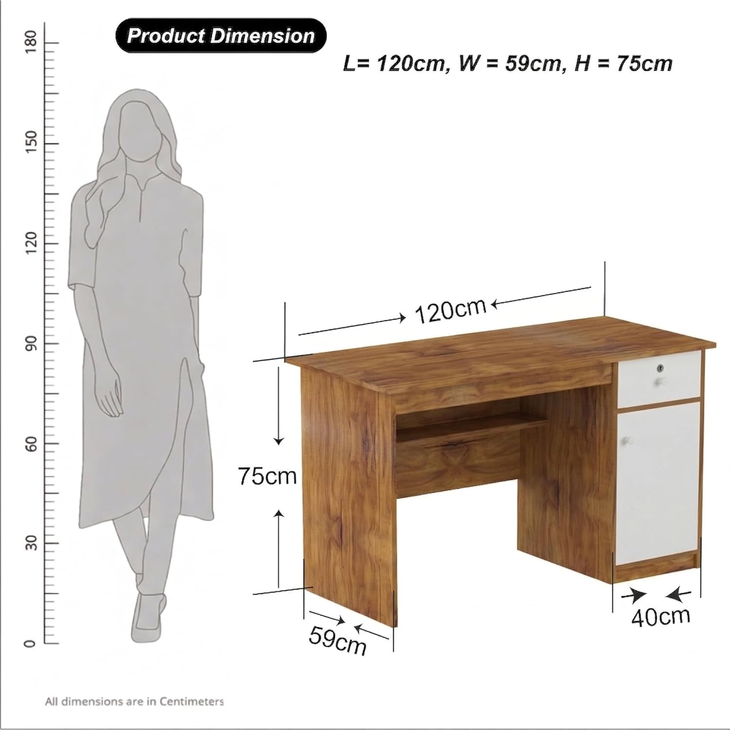 Callas DeskVault ST-18 Engineered Wood Study Table with Lockable Drawer, Storage Cabinet and Open Shelf for Home Office, Bedroom and Living Room, 120L x 59W x 75H cm - Walnut