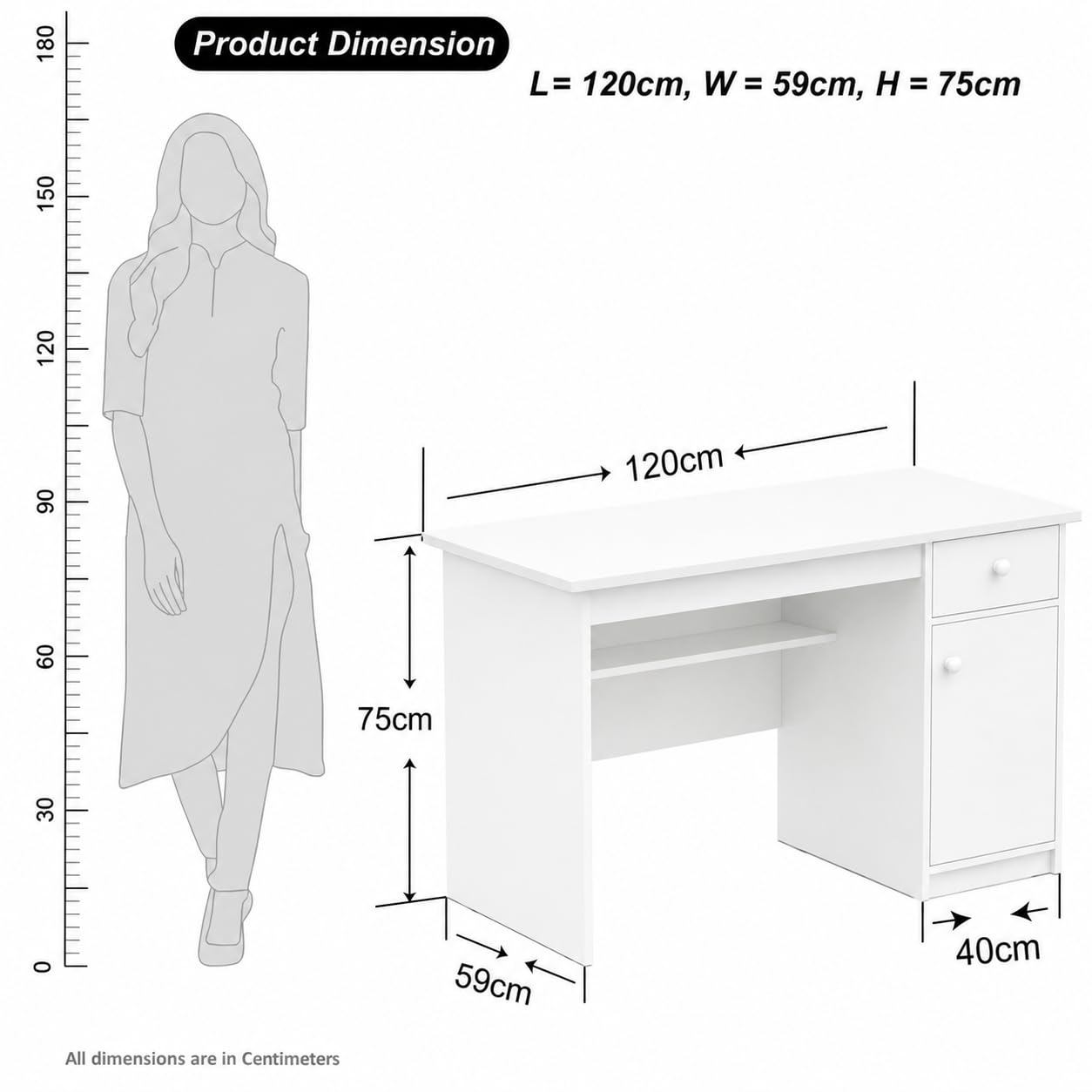 Callas DeskVault ST-18 Engineered Wood Study Table with Lockable Drawer, Storage Cabinet and Open Shelf for Home Office, Bedroom and Living Room, 120L x 59W x 75H cm - White