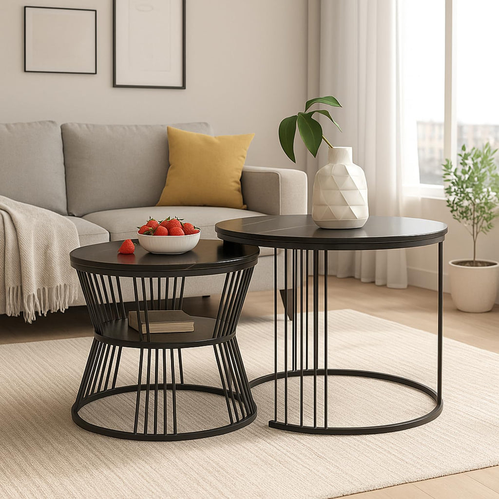 Callas Modern Nesting Coffee Table Set of 2 with Marble Finish Engineered Wood Top and Gold Metal Frame | Round Living Room Center Table for Sofa Side Home Decor | Pre-Assembled (Black, CT-03)
