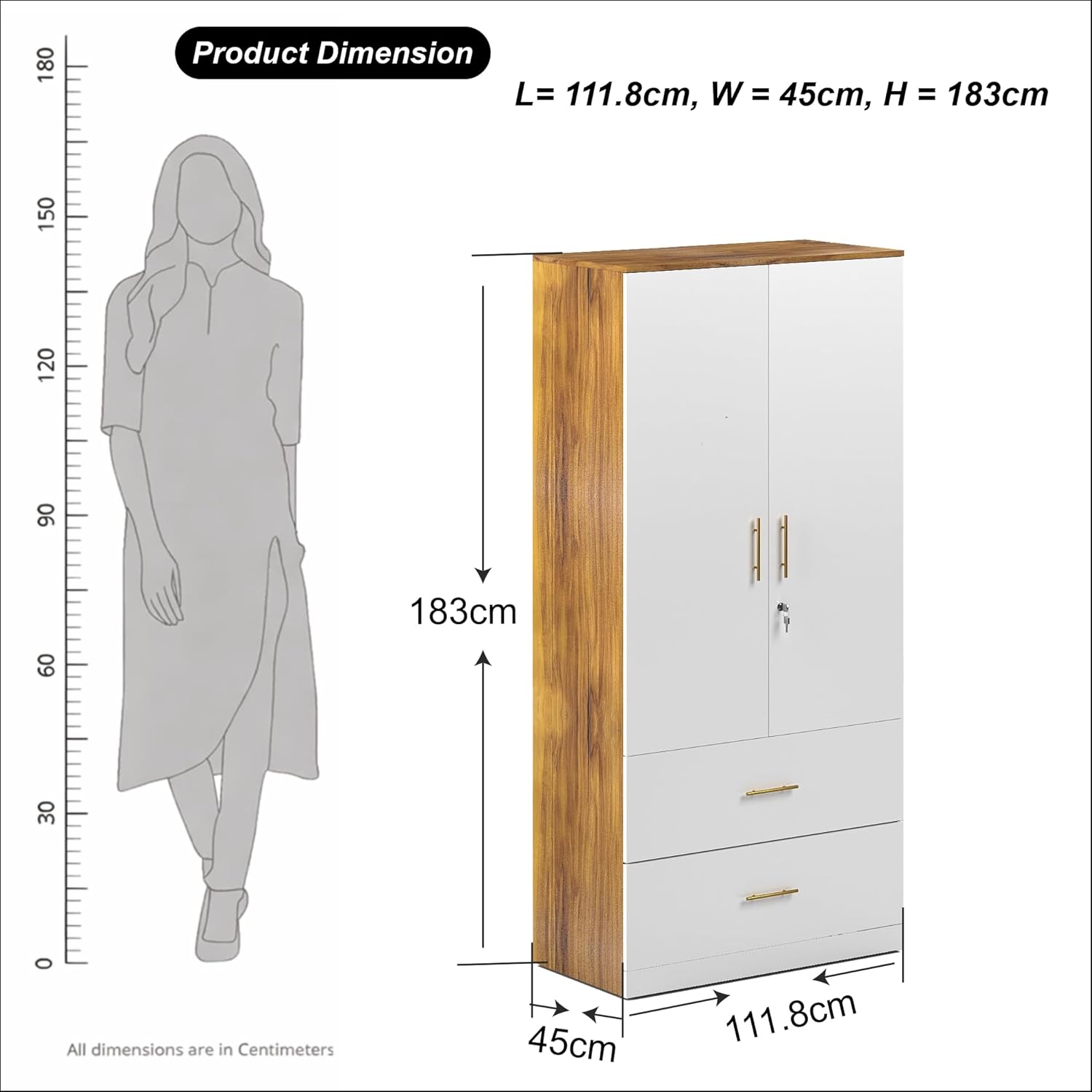Callas Estoria 2 Door Wooden Wardrobe with 2 Large Drawers | Spacious Hanging Section | Multi-Utility Side Shelves | Engineered Wood Almirah for Bedroom |Free Installation with 1 Year Warranty (White-Walnut, Estoria-2)