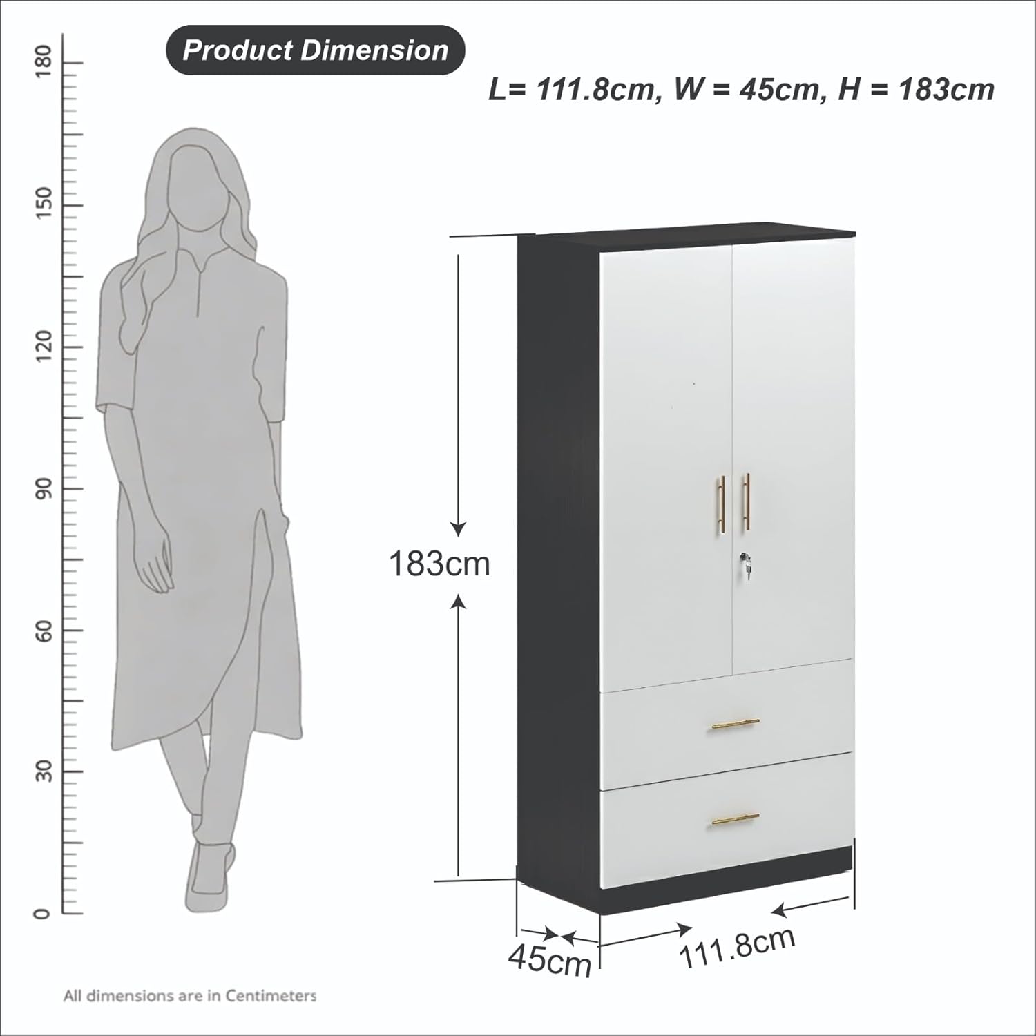 Callas Estoria 2 Door Wooden Wardrobe with 2 Large Drawers | Spacious Hanging Section | Multi-Utility Side Shelves | Engineered Wood Almirah for Bedroom | Free Installation with 1 Year Warranty (White-Black, Estoria-2)