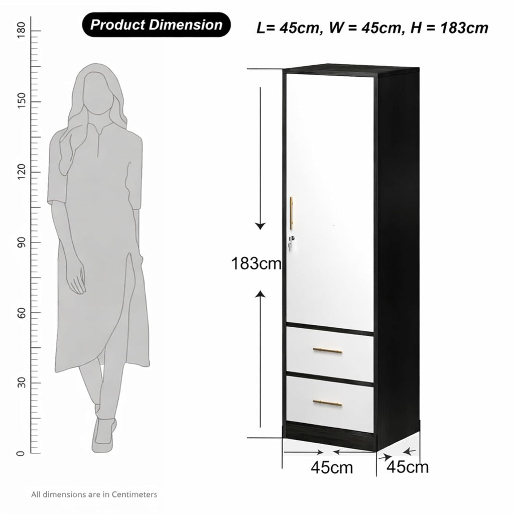 Callas Single Door Wardrobe with Hanging Space & Dual Drawers | Compact Storage Cabinet with Organized Interior | Modern Wooden Almirah for Bedroom & Home (White-Black, Estoria-1)