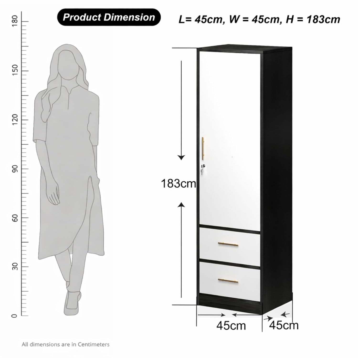 Callas Single Door Wardrobe with Hanging Space & Dual Drawers | Compact Storage Cabinet with Organized Interior | Modern Wooden Almirah for Bedroom & Home (White-Black, Estoria-1)