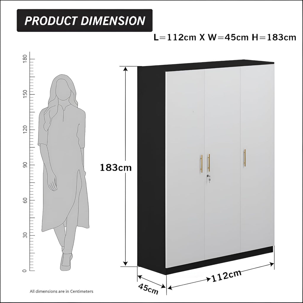 Callas 3 Door Wooden Wardrobe for Bedroom | Engineered Wood Almirah with Hanging Rod, Lockable Door & Drawer, |1 Year Warranty with Free Installation (Wardrobe-3 Door, Black)