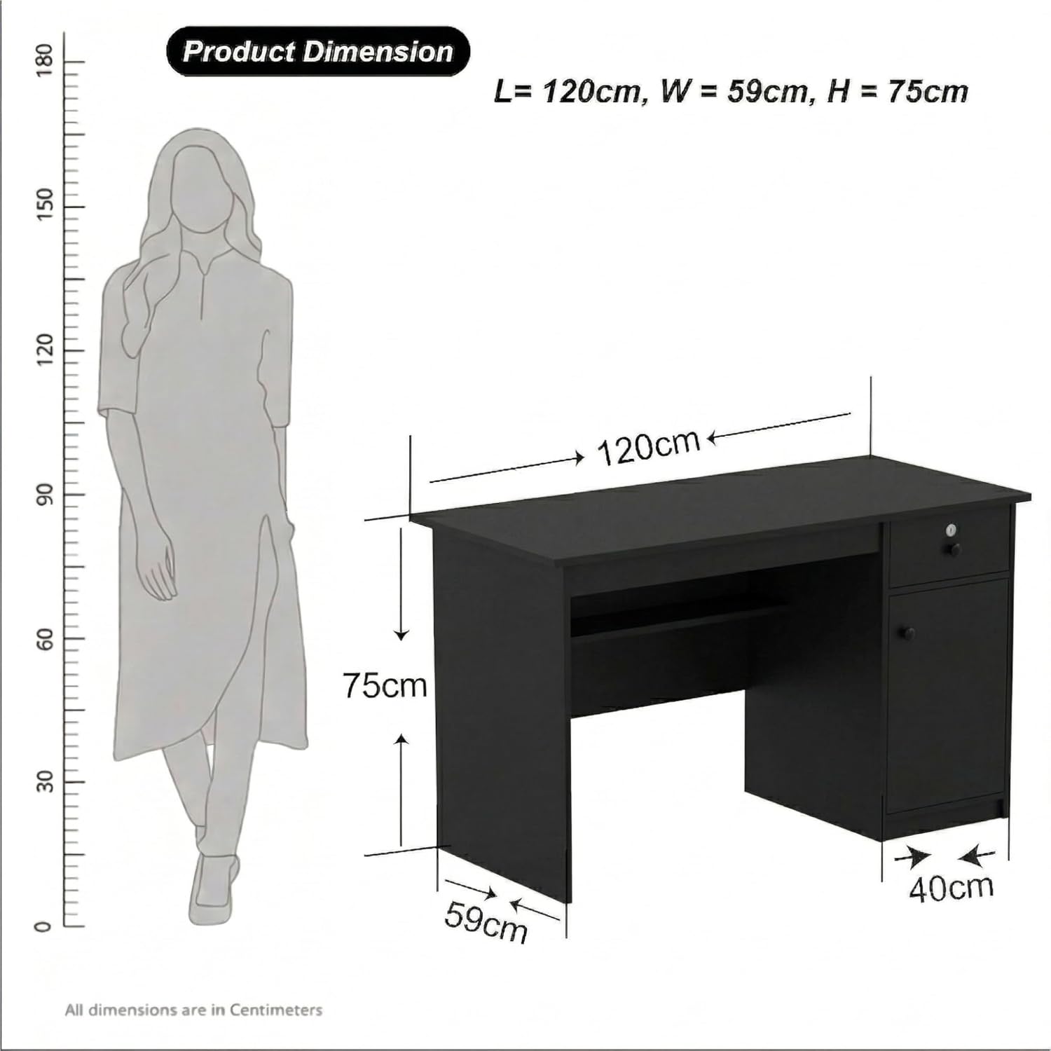 Callas DeskVault ST-18 Engineered Wood Study Table with Lockable Drawer, Storage Cabinet and Open Shelf for Home Office, Bedroom and Living Room, 120L x 59W x 75H cm - Black