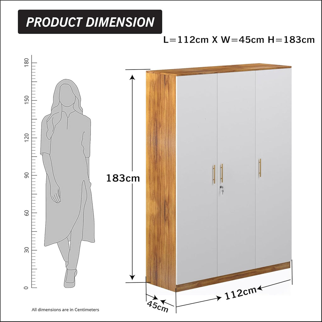 Callas 3 Door Wooden Wardrobe for Bedroom | Engineered Wood Almirah with Hanging Rod, Lockable Door & Drawer |1 Year Warranty with Free Installation (Wardrobe-Walnut)