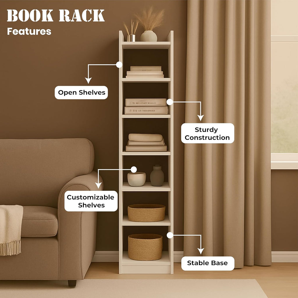 Callas 6 Layer Engineered Wood Bookshelf Multipurpose Home Decor Storage Rack Showcase Organizer for Living Room, Kitchen, Bedroom, Office | (BR-07-White)