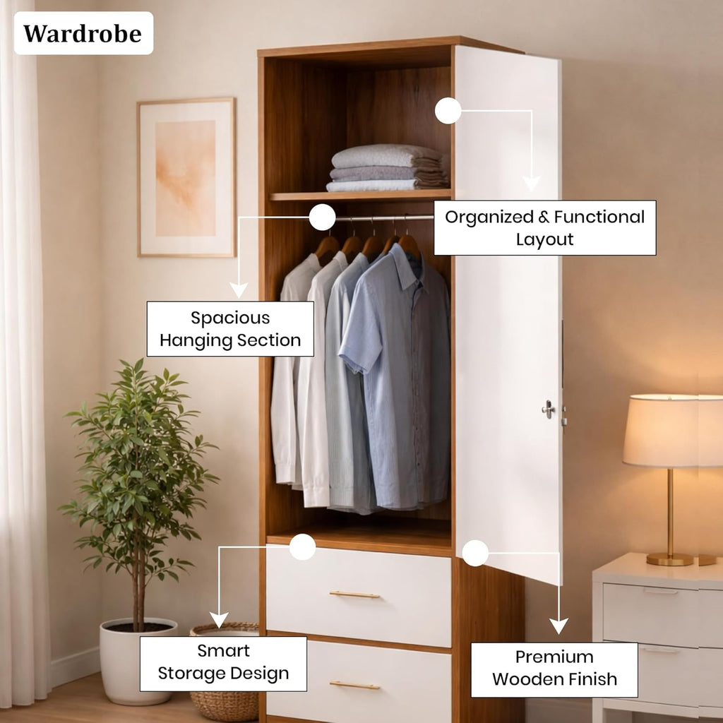 Callas Single Door Wardrobe with Hanging Space & Dual Drawers | Compact Storage Cabinet with Organized Interior | Modern Wooden Almirah for Bedroom & Home (White-Walnut, Estoria-1)