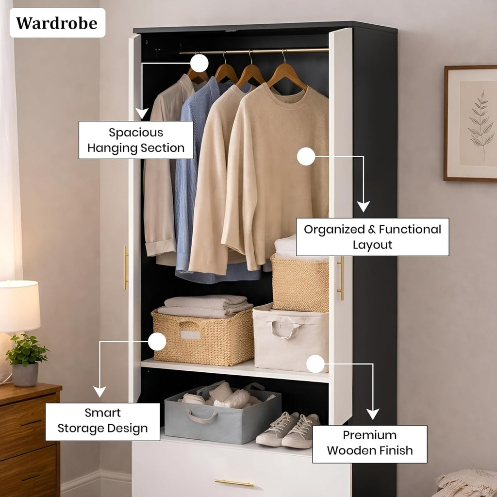 Callas Estoria 2 Door Wooden Wardrobe with 2 Large Drawers | Spacious Hanging Section | Multi-Utility Side Shelves | Engineered Wood Almirah for Bedroom | Free Installation with 1 Year Warranty (White-Black, Estoria-2)