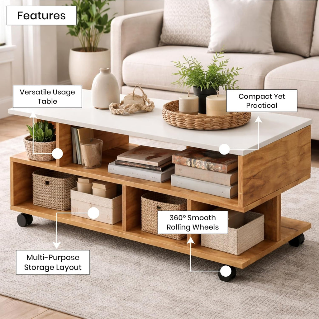 Callas Coffee Table with Multi-Purpose Storage, Wood, Walnut and Natural Finish,Modern Style (Walnut, CT-22-Wheel)