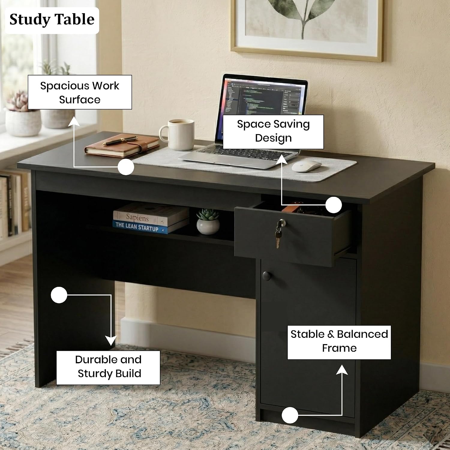 Callas DeskVault ST-18 Engineered Wood Study Table with Lockable Drawer, Storage Cabinet and Open Shelf for Home Office, Bedroom and Living Room, 120L x 59W x 75H cm - Black