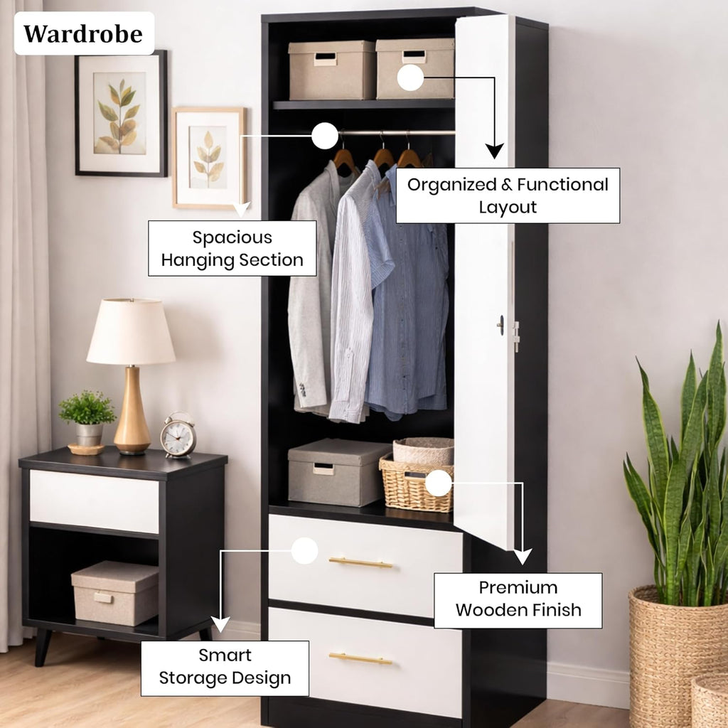 Callas Single Door Wardrobe with Hanging Space & Dual Drawers | Compact Storage Cabinet with Organized Interior | Modern Wooden Almirah for Bedroom & Home (White-Black, Estoria-1)