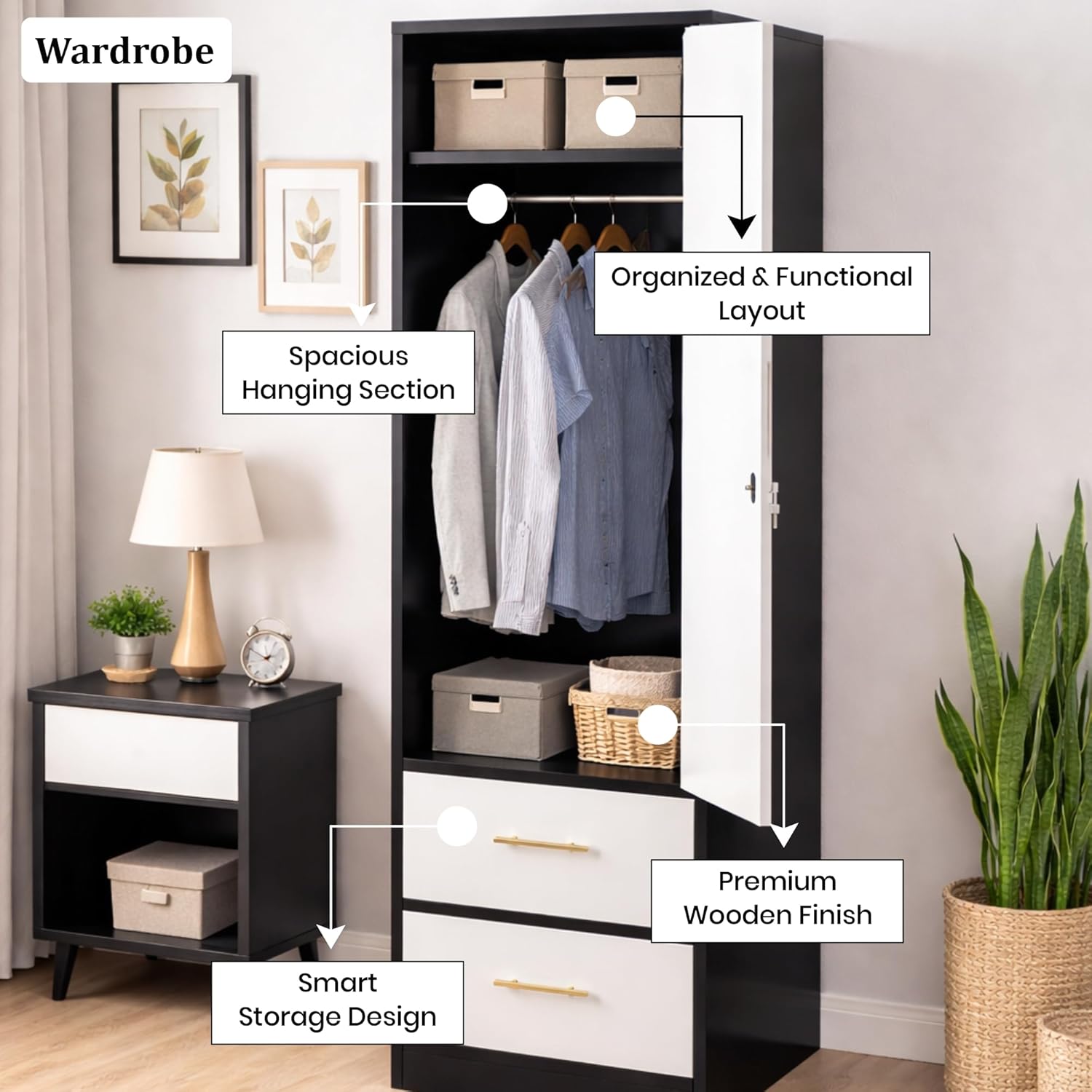 Callas Single Door Wardrobe with Hanging Space & Dual Drawers | Compact Storage Cabinet with Organized Interior | Modern Wooden Almirah for Bedroom & Home (White-Black, Estoria-1)