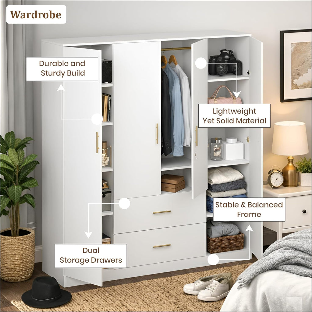 Callas Estoria 4 Door Wooden Wardrobe with 2 Large Drawers | Spacious Hanging Section | Multi-Utility Side Shelves | Engineered Wood Almirah for Bedroom | Free Installation with 1 Year Warranty (White-Estoria-4)