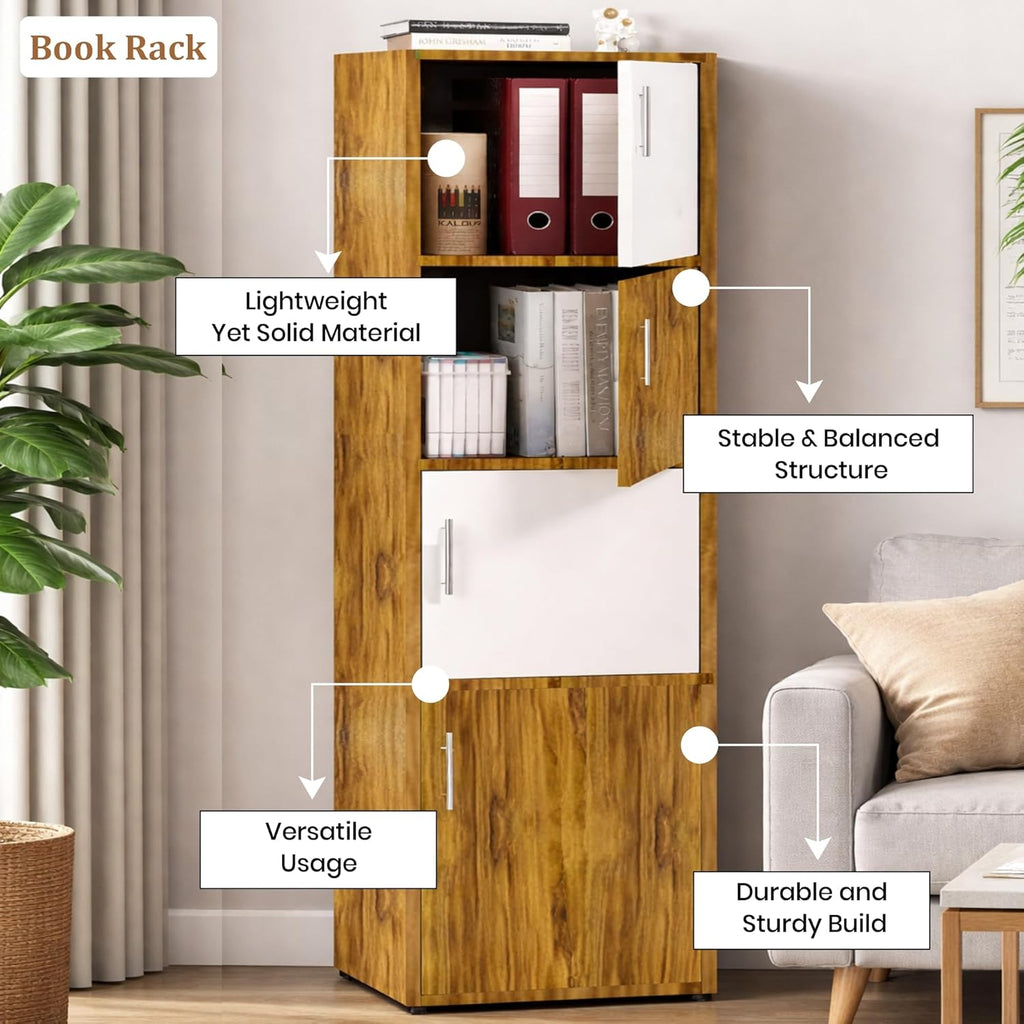 Callas Wooden Book Rack | Multi-Compartment Storage Cabinet | Space-Saving Vertical Bookshelf with Doors | Durable & Sturdy Organizer for Home & Office (BR-24-Walnut)