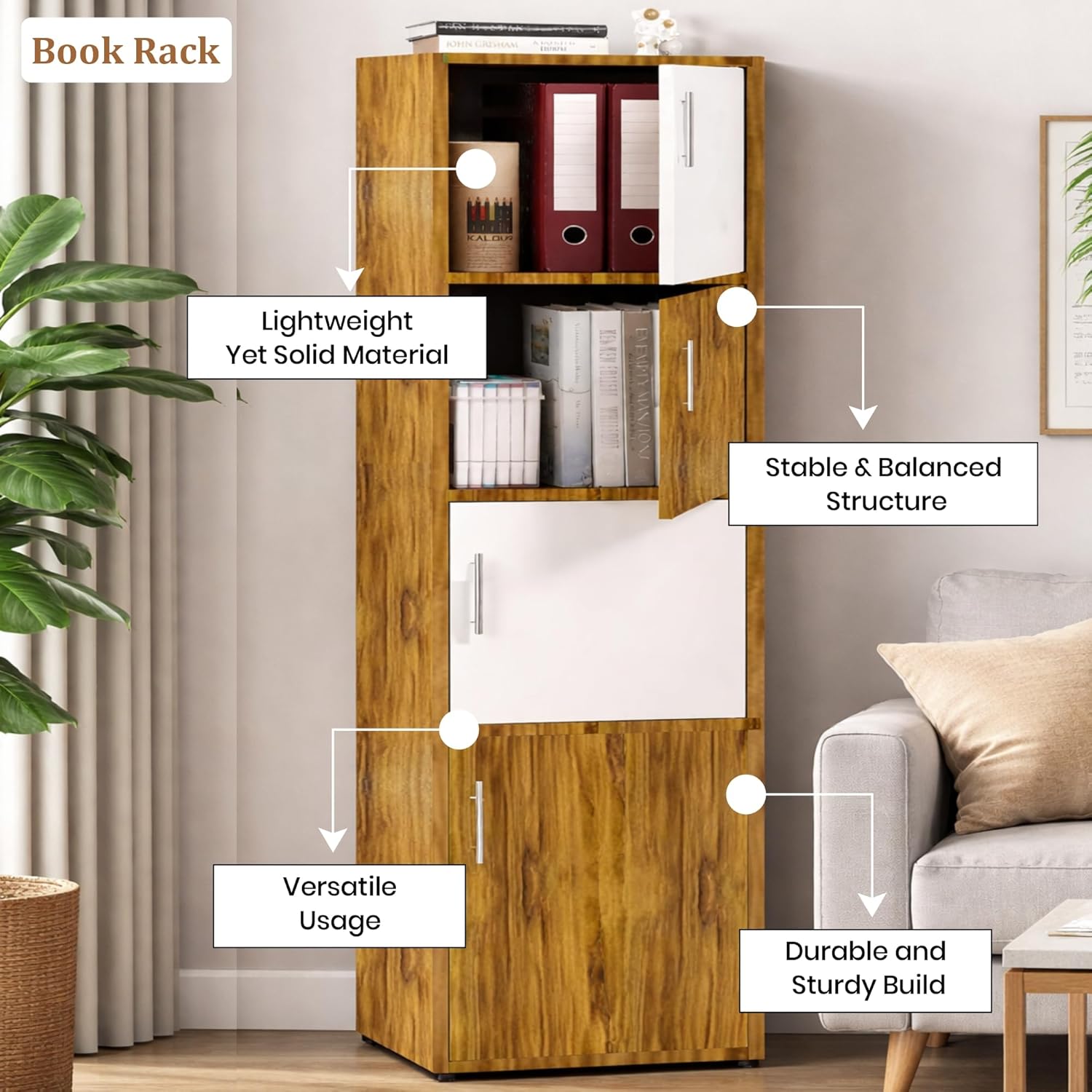 Callas Wooden Book Rack | Multi-Compartment Storage Cabinet | Space-Saving Vertical Bookshelf with Doors | Durable & Sturdy Organizer for Home & Office (BR-24-Walnut)