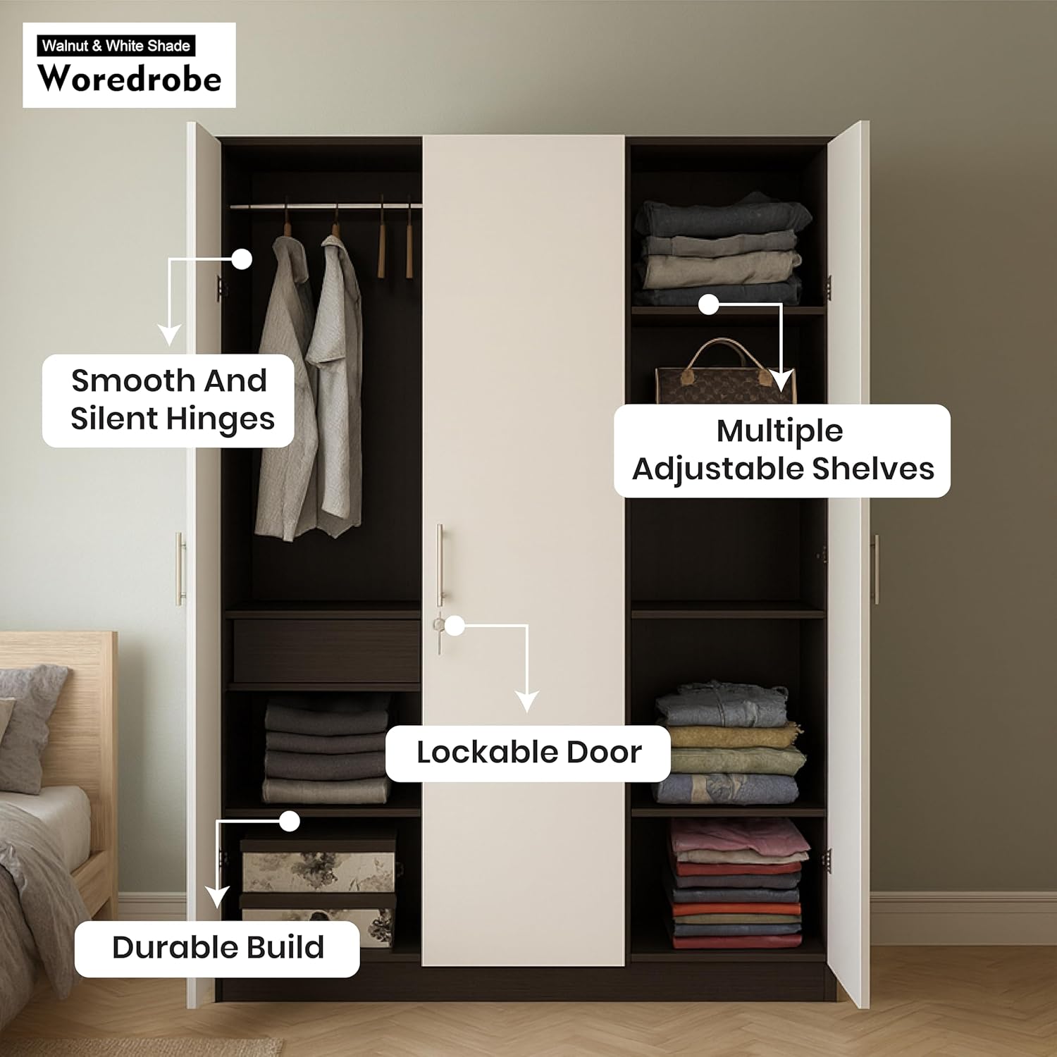 Callas 3 Door Wooden Wardrobe for Bedroom | Engineered Wood Almirah with Hanging Rod, Lockable Door & Drawer, |1 Year Warranty with Free Installation (Wardrobe-3 Door, Black)