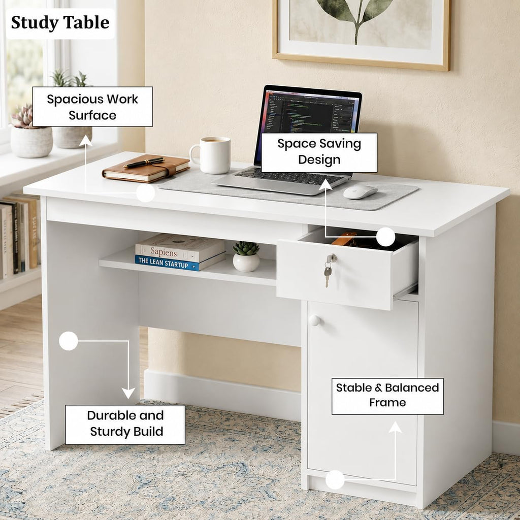Callas DeskVault ST-18 Engineered Wood Study Table with Lockable Drawer, Storage Cabinet and Open Shelf for Home Office, Bedroom and Living Room, 120L x 59W x 75H cm - White