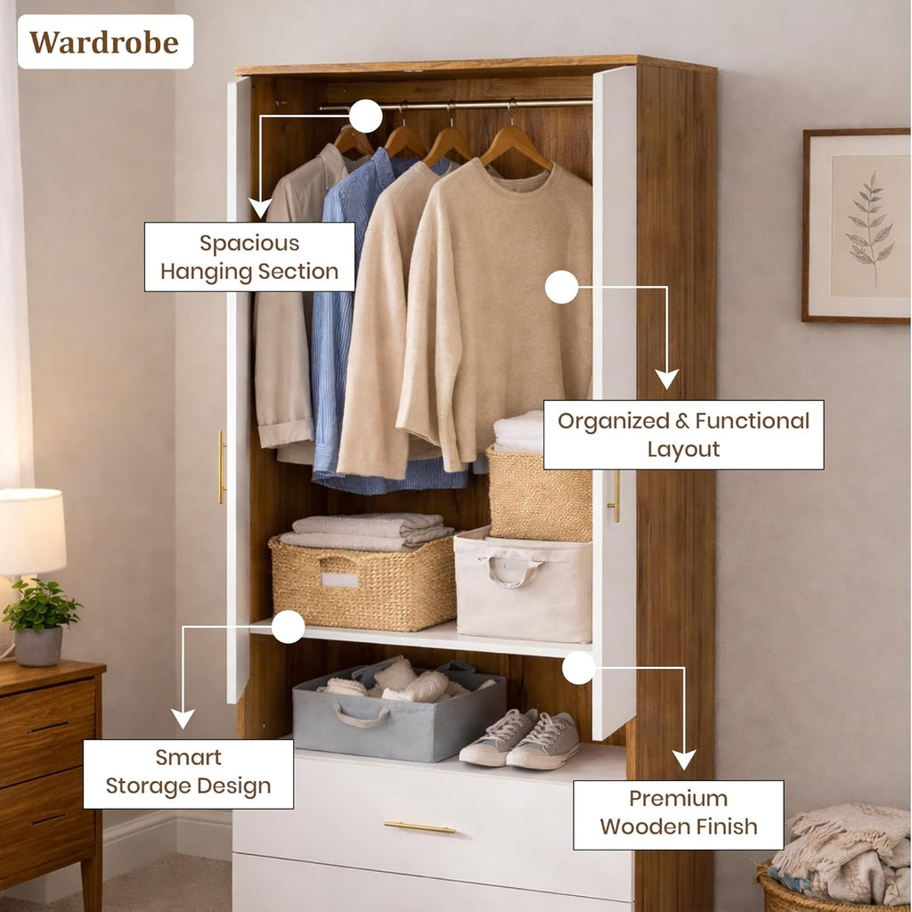 Callas Estoria 2 Door Wooden Wardrobe with 2 Large Drawers | Spacious Hanging Section | Multi-Utility Side Shelves | Engineered Wood Almirah for Bedroom |Free Installation with 1 Year Warranty (White-Walnut, Estoria-2)
