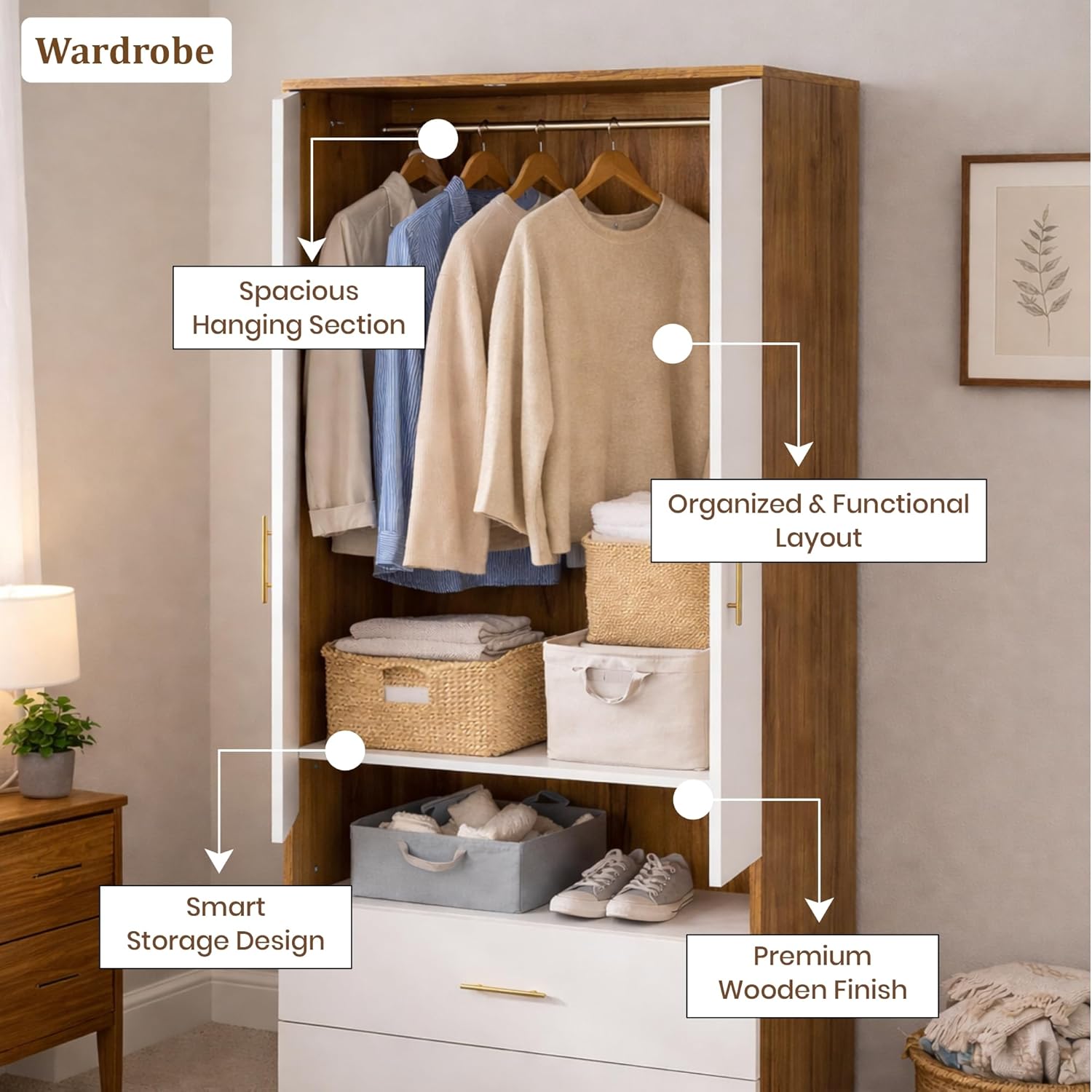 Callas Estoria 2 Door Wooden Wardrobe with 2 Large Drawers | Spacious Hanging Section | Multi-Utility Side Shelves | Engineered Wood Almirah for Bedroom |Free Installation with 1 Year Warranty (White-Walnut, Estoria-2)