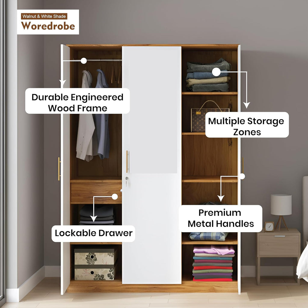 Callas 3 Door Wooden Wardrobe for Bedroom | Engineered Wood Almirah with Hanging Rod, Lockable Door & Drawer |1 Year Warranty with Free Installation (Wardrobe-Walnut)