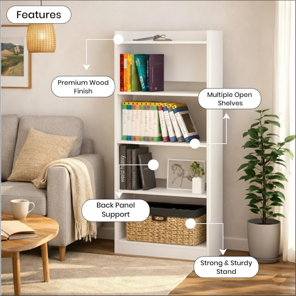 Callas Bookshelf for Home - 5 Tier Books Rack for Study Room Multipurpose Open Shelf for Home, Office, School Engineered Wood Book Organizer Shelf (White, BR-23, 5)
