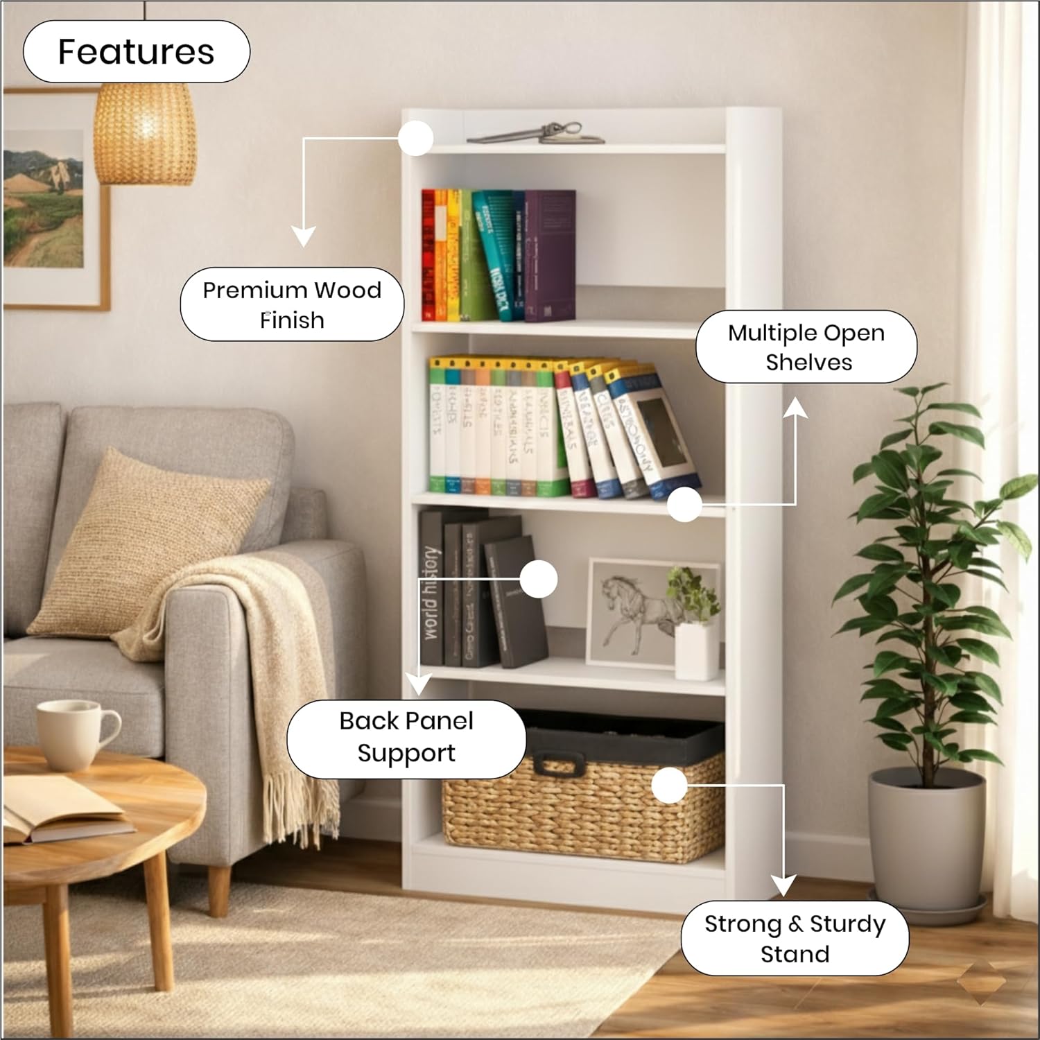 Callas Bookshelf for Home - 5 Tier Books Rack for Study Room Multipurpose Open Shelf for Home, Office, School Engineered Wood Book Organizer Shelf (White, BR-23, 5)