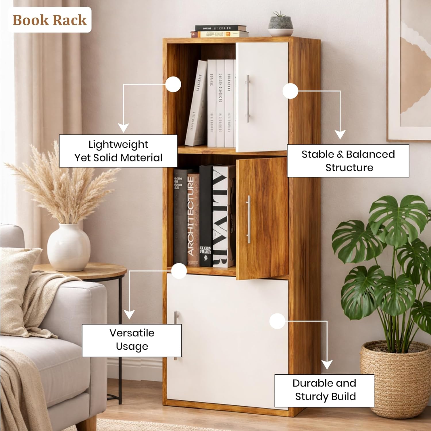 Callas Wooden Book Rack | Multi-Compartment Storage Cabinet | Space-Saving Vertical Bookshelf with Doors | Durable & Sturdy Organizer for Home & Office (BR-11-Walnut)