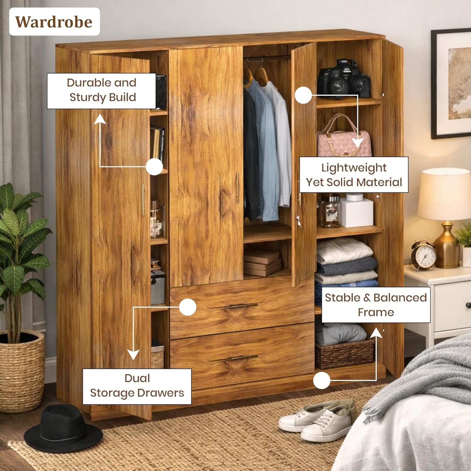 Callas Estoria 4 Door Wooden Wardrobe with 2 Large Drawers | Spacious Hanging Section | Multi-Utility Side Shelves | Engineered Wood Almirah for Bedroom | Free Installation with 1 Year Warranty (Walnut-Estoria-4)