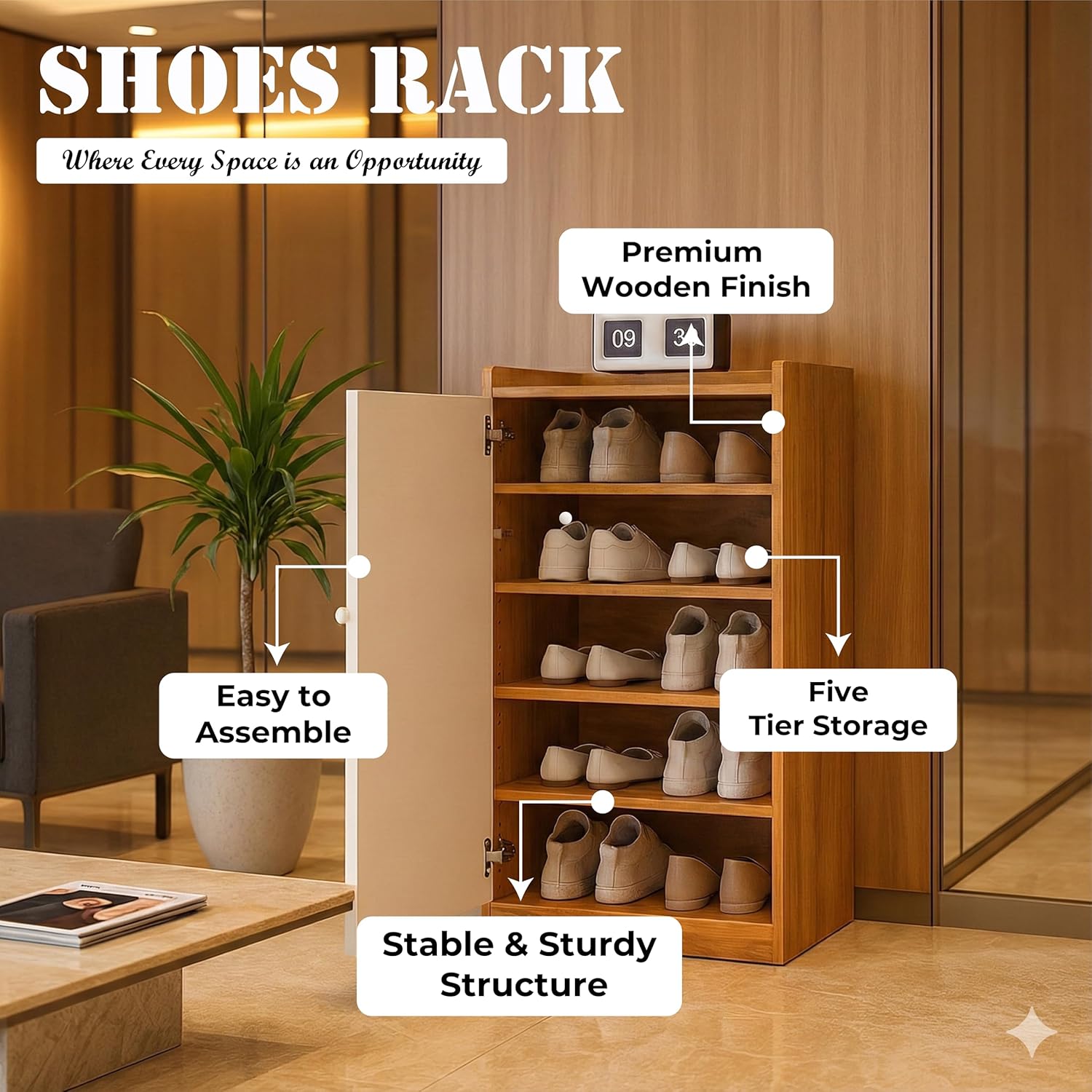Callas Shoe Rack Storage Bench, Holds 10 Pairs, 5-Tier Rack with Cushion Seat and Closed Cabinet (Brown, SR-15)
