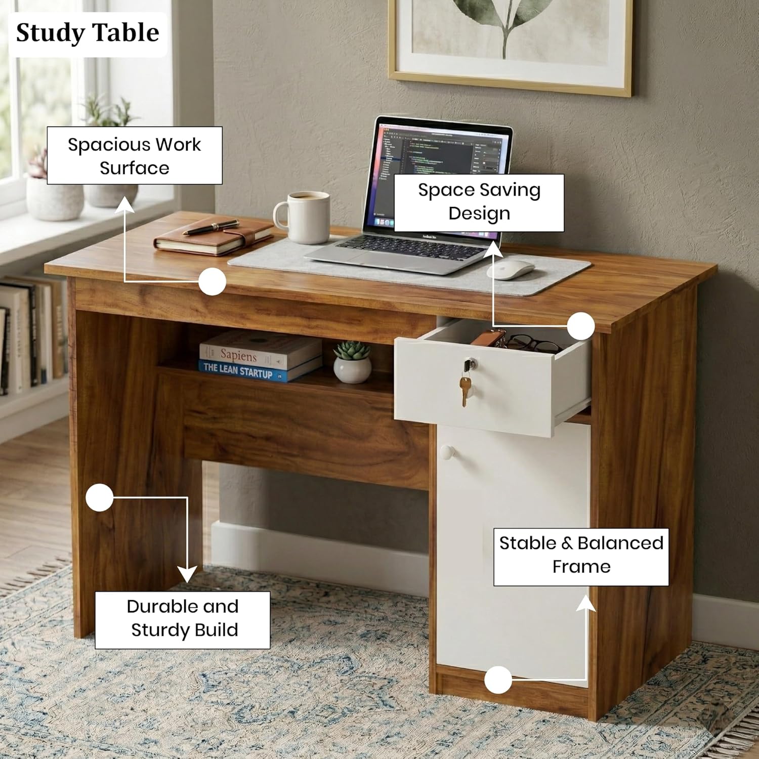 Callas DeskVault ST-18 Engineered Wood Study Table with Lockable Drawer, Storage Cabinet and Open Shelf for Home Office, Bedroom and Living Room, 120L x 59W x 75H cm - Walnut